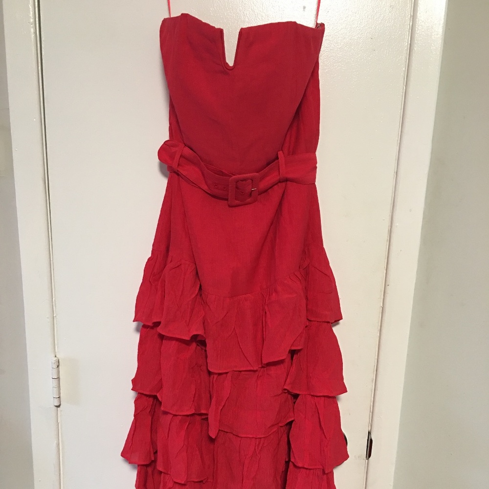 Red Strapless Belted Tiered Midi Dress
